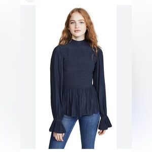 Ramy Brook Navy Justine Smocked Blouse. Size Medium.